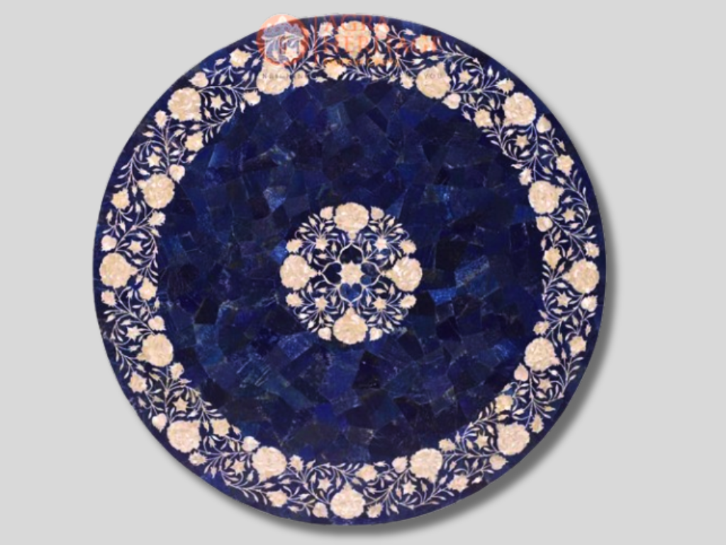 White Marble Dining Table Top Lapis Lazuli Mother of Pearl Art